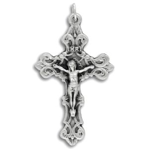 Ornate Fleur-de-Lis Crucifix - 2" Silver Oxidized, Made in Italy  *  (Minimum quantity purchase is 2)