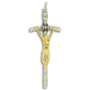Papal Crucifix - 2 1/4" Gold Plated & Silver Oxidized, Made in Italy *