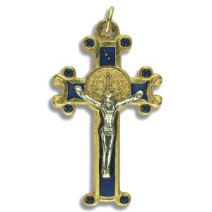  St. Benedict 2-sided Scrolled Edge, Gold Plated Rosary Crucifix -  Blue Inlay - 1 5/8"   (Minimum quantity purchase is 1)