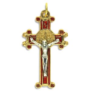 St Benedict Rosary Crucifix (Red Enamel Scroll Design) – 1 5/8" Gold Plated & Silver Oxidized, Made in Italy  (Minimum quantity purchase is 1)