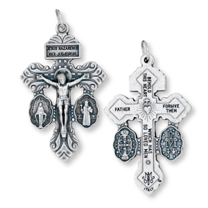 3-Way Pardon Crucifix (St. Benedict & Miraculous Medal) - 1-5/8" Silver Oxidized, Made in Italy  *  (Minimum quantity purchase is 1)