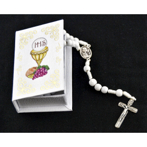First Communion Rosary Necklace with White Wood Beads on White Cord, Boxed - 16.5   (Minimum quantity purchase is 1)