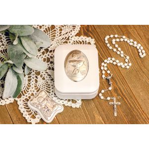 First Communion Rosary Gift Set - 18.5", Wood Rosary Box, Plaque, & Rosary Made in Italy - Closeout Sale * (Minimum quantity purchase is 1) 