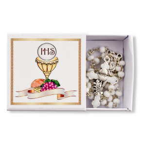 First Communion Rosary with White Beads, Holy Family Centerpiece and White Enamel Crucifix, Boxed - 13.5"   (Minimum qty. is purchase 1) 