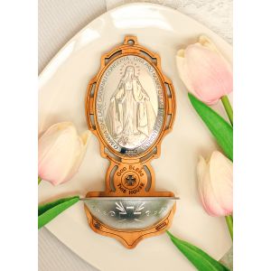  Olive Wood Miraculous Medal Holy Water Font - 6" * (Minimum quantity purchase is 1)