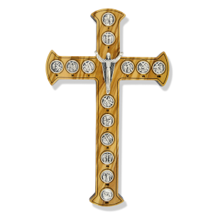 Stations of the Cross Olivewood Crucifix with Metal Image Plaques – 6 3/4”, Made in Italy   (Minimum quantity purchase is 1)