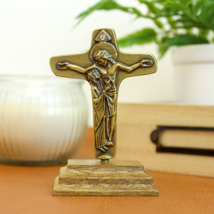 Unity Cross Table Top Icon, Antique Gold on Wood Base - 3.25"   (Minimum Purchase is 1)   