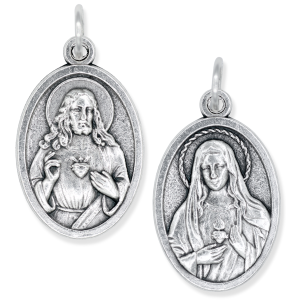 Sacred Heart of Jesus Medal 1” Oval Silver Oxidized – Immaculate Heart of Mary on Back – Made in Italy *  (Minimum quantity purchase is 3)