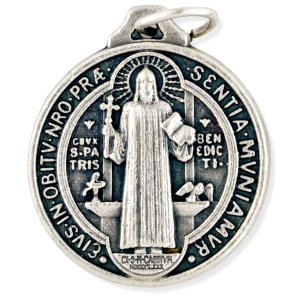St Benedict Medal (Catholic Protection) – 3/4" Thick Round Silver Oxidized, Made in Italy  * (Minimum quantity purchase is 2)