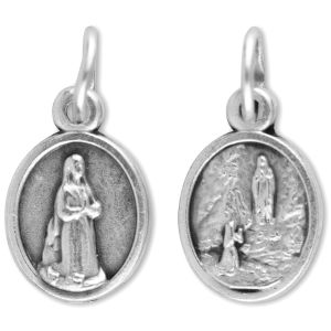 Our Lady of Lourdes & St Bernadette Medal - 1/2" Silver Oxidized, Made in Italy  (Minimum quantity purchase is 3)