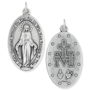 XL Miraculous Medal (English) – 1-3/4" Oval Silver Oxidized, Made in Italy *  (Minimum quantity purchase is 1)