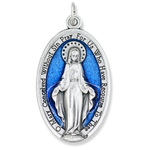 XL Blue Miraculous Medal (English) – 1-3/4" Oval Silver Oxidized, Made in Italy  (Minimum quantity purchase is 1)