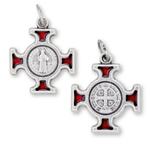 St Benedict Cross - 1" Red Enamel Silver Oxidized, Made in Italy *    (Minimum quantity purchase is 1)