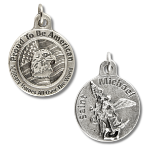 St Michael Patriotic Medal 3/4” Round Silver Oxidized – Proud to Be an American on Back – Made in Italy *  (Minimum quantity purchase is 2)