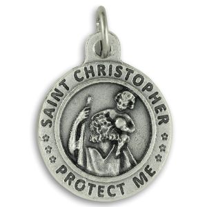 St Christopher Patriotic Medal 3/4” Round Silver Oxidized – Proud to Be an American on Back – Made in Italy Closeout Sale *  (Minimum quantity purchase is 2)