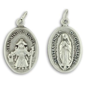 Our Lady of Guadalupe Medal 1” Oval Silver Oxidized – Niño de Atocha on Back – Made in Italy Closeout Sale *   (Minimum quantity purchase is 3)