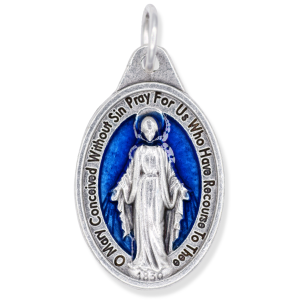 Miraculous Medal Blue Enamel (English) – 1" Oval Silver Oxidized, Made in Italy *  (Minimum quantity purchase is 5)