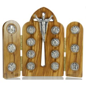 Olivewood Stations of the Cross Arched Tri-Fold Devotional Display (Silver Oxidized Plaques) – 3 3/4", Made in Italy   (Minimum quantity purchase is 1)