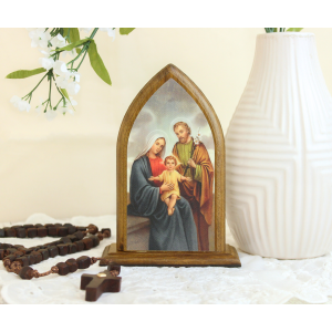 Holy Family Tabletop Arched Wood Icon with Color Image - 5.25 x 3.75" *    (Minimum quantity purchase is 1)