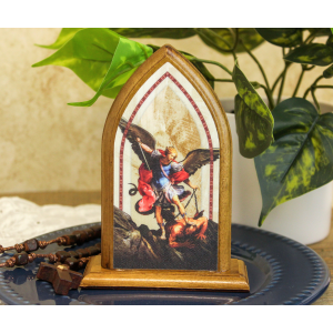 St Michael Tabletop Arched Wood Icon with Color Image - 5.25 x 3.75"   (Minimum quantity purchase is 1) 
