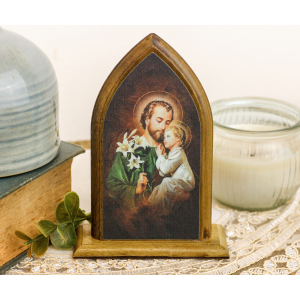 St Joseph Tabletop Arched Wood Icon with Color Image - 5.25 x 3.75"   (Minimum quantity purchase is 1)