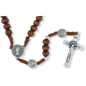  St Benedict Rosary Necklace with 6mm Brown Wood Beads - 16" (Minumum qty. purchase is 1) 