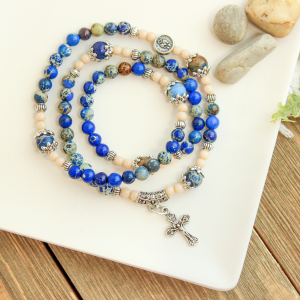 Triple Wrap Stretch Bracelet with 6mm Emperor Jasper Blue Stone Beads and Crucifix Charm *  (Minimum quantity purchase is 1)