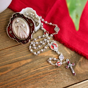 Divine Mercy Rosebud Rosary with Metal Case - Silver Ox & Red Enamel, 15"   (Minimum quantity purchase is 1)  
