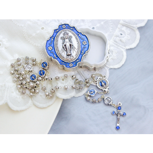 Miraculous Medal Metal Rosary (4mm Rosebud Beads & Blue Enamel Accents) with Keepsake Case – Made in Italy  (Minimum quantity purchase is 1)