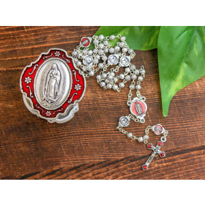 Our Lady of Guadalupe Metal Rosary - Silver Ox, Red Enamel, 15"- Includes 2-Tone Metal Case    (Minimum quantity purchase is 1)