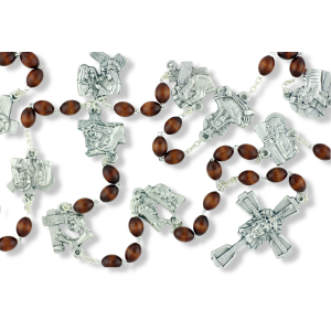 Stations of the Cross Chaplet – 26" Brown Wood Beads & Silver Oxidized Medals, Made in Italy  (Minimum quantity purchase is 1)  