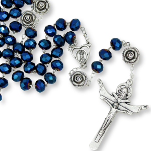 Our Lady of Fatima Rosary with 10 x 8mm Metallic Royal Blue Rondelle Beads and Holy Trinity Crucifix - 21"  (Minimum quantity purchase is 1)