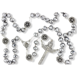 Our Lady of Fatima Rosary with 10 x 8mm Metallic Silver Rondelle Beads and Holy Trinity Crucifix - 21"  (Minimum quantity purchase is 1)
