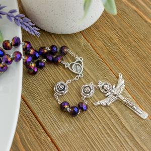 Our Lady of Fatima Rosary with 10 x 8mm Metallic Purple Rondelle Beads and Holy Trinity Crucifix - 21"   (Minimum quantity purchase is 1)