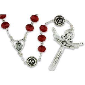 Our Lady of Fatima Rosary with 10 x 8mm Rose Red Rondelle Beads and Holy Trinity Crucifix - 21"   (Minimum quantity purchase is 1) 