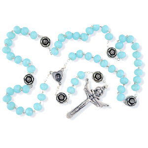 Our Lady of Fatima Rosary with 10 x 8mm Frosty Blue Rondelle Beads and Holy Trinity Crucifix - 21"   (Minimum quantity purchase is 1)