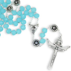 Our Lady of Fatima Rosary, Aqua Rondelle Beads and Holy Trinity Crucifix - 21"  (Minimun quanity to purchase is 1)  