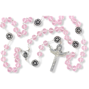 Our Lady of Fatima Rosary with 10 x 8mm Clear Pink Rondelle Beads and Holy Trinity Crucifix - 21"  (Minimum quantity purchase is 1)   
