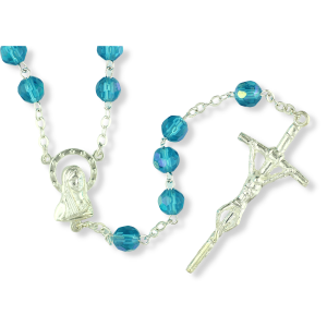  AB Aqua /March/ December 7mm Glass Bead Rosary - 20 1/2"   (Minimum quantity purchase is 1)