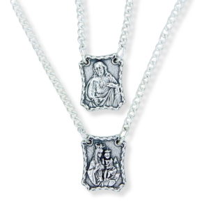 Metal Scapular (Sacred Heart & Our Lady of Mt Carmel) - 13 1/2" Silver Oxidized Chain, Made in Italy * (Minimum quantity purchase is 1)