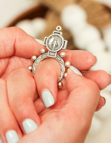 Miraculous Medal Finger Rosary – One Decade Pocket Rosary Ring, 2" Silver Oxidized, Made in Italy *  (Minimum quantity purchase is 2)