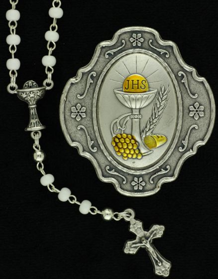  First Communion Rosary with Two-Tone Metal Case   
