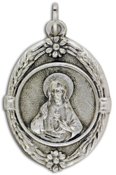 Sacred Heart of Jesus Medal 1 1/4” Oval Silver Oxidized – Floral Border – Made in Italy - Closeout Sale * (Minimum quantity purchase is 2)