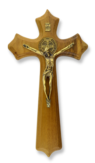 St Benedict Wall Crucifix, Wood with Antique Gold Corpus - 9 3/4" L x 5 1/2" W   (Minimum quantity purchase is 1)
