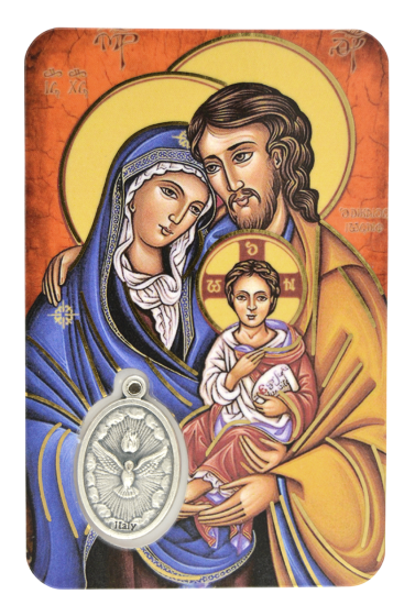  Holy Family / Holy Spirit Medal on Laminated Card - "Come Holy Spirit" in Latin  - Closeout Sale *  (Minimum quantity purchase is 1)