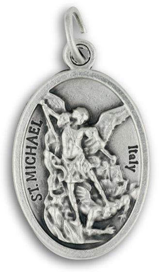 St Michael Medal (Pray for Us) - 1" Oval Silver Oxidized, Made in Italy * (Minimum quantity purchase is 3)