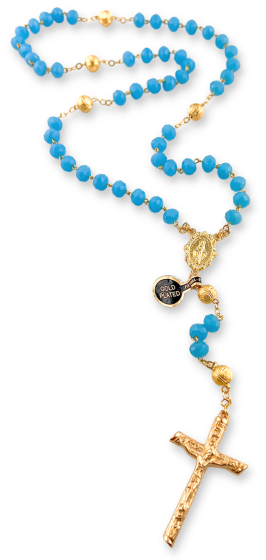 Rosary with Aqua Blue Glass Beads and Gold Plated Center and Crucifix - 18"  (Minimum qty. purchase is 1) 