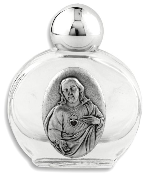 Sacred Heart of Jesus Glass Holy Water Bottle - 1.5 oz Travel Size, Made in Italy   (Minimum quantity purchase is 1)