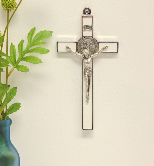 St Benedict 8" Metal Wall Crucifix - White Enamel, Silver Ox    (Minimum quantity purchase is 1)