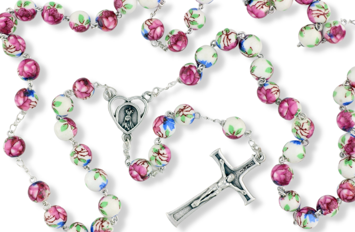  Pink and White 8mm Ceramic Bead Rosary with Our Lady of Fatima Center  - 20"   Minimum quantity purchase is 1)